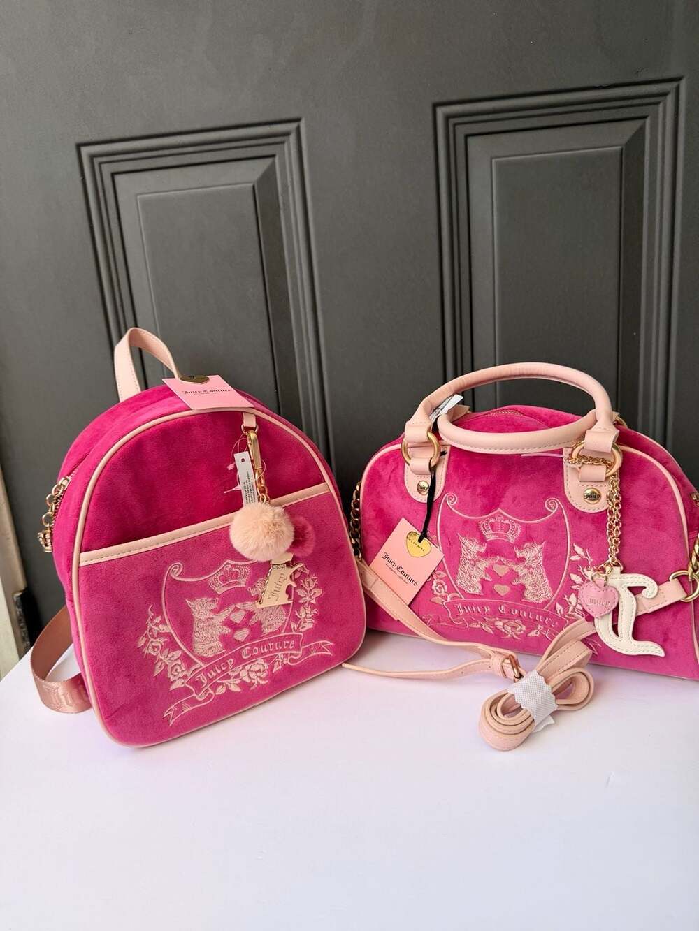 Juicy Couture Hot Pink Velour Crest Daydreamer Handbag and Backpack Set